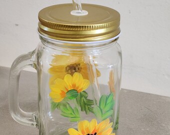 Hand Painted Mason jar glass with sunflowers