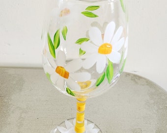 Hand Painted wine glass white daisies