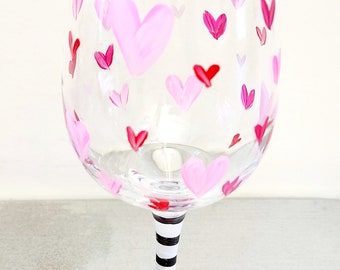 Hand Painted wine glass Valentine's lots of love hearts