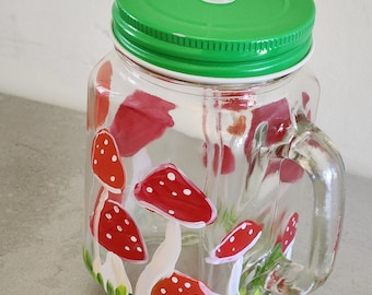 Hand Painted Mason jar glass with mushrooms