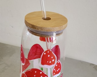 Hand Painted can glass with mushrooms