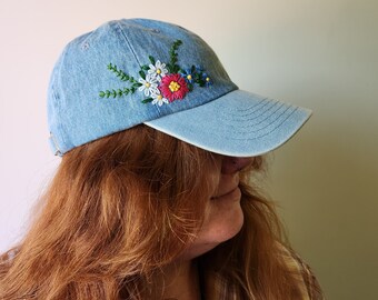 Hand Embroidered Baseball cap spring flowers