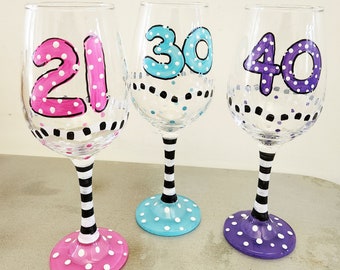 Hand Painted Milestone birthday wine glass 21st, 30th, 40th