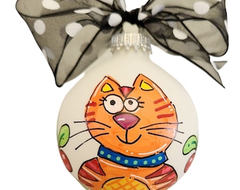 Cat Christmas ornament personalized hand painted glass ball