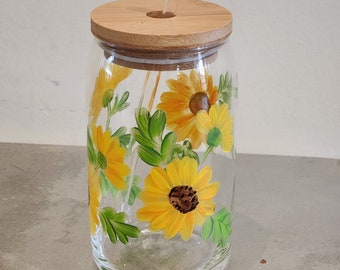 Hand Painted can glass with sunflowers