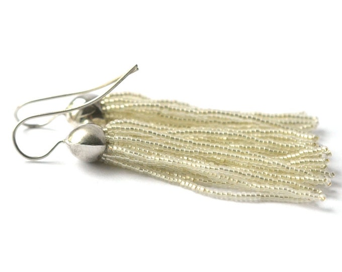 Tassel earrings glass beads white wedding jewelry