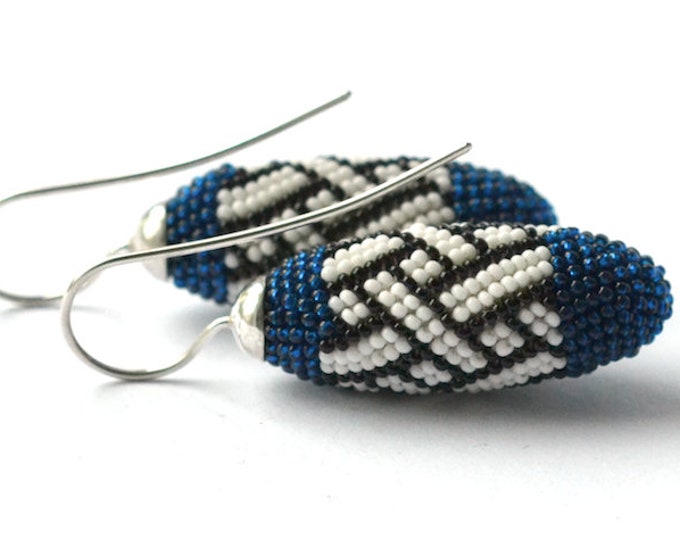 dangle earrings  indigo blue white with silver hooks