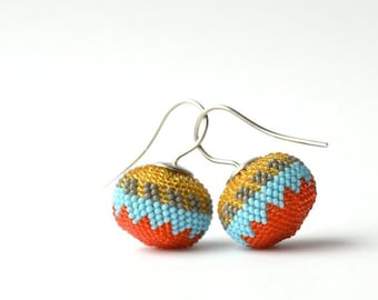 dangle earrings ethno style tuquoise orange from glass beads and silver hooks