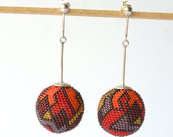 OOAK Statement earrings red and orange , big sphere silver post dangle earrings