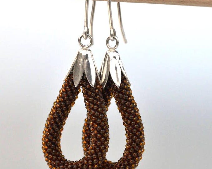 Dangle earrings brown beadwork silver hooks