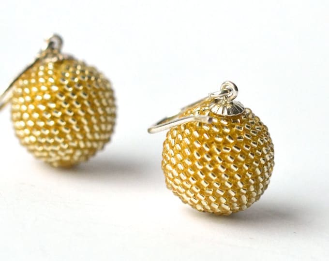 globe earrings gold beads, silver hooks