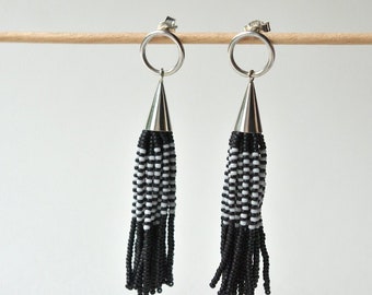 Tassel earrings black and white with silver posts