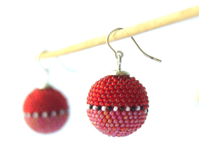 dangle globe earrings red pink with silver hooks