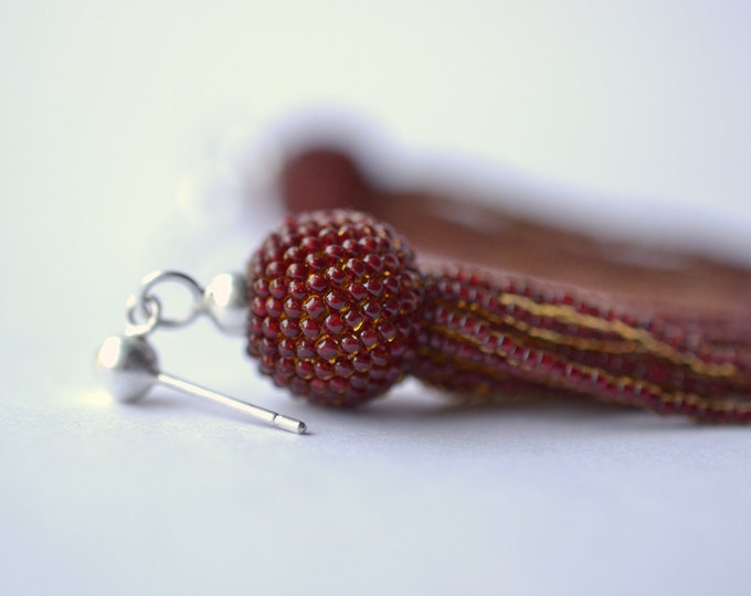 tassel earrings  red fringe silver and glass beads