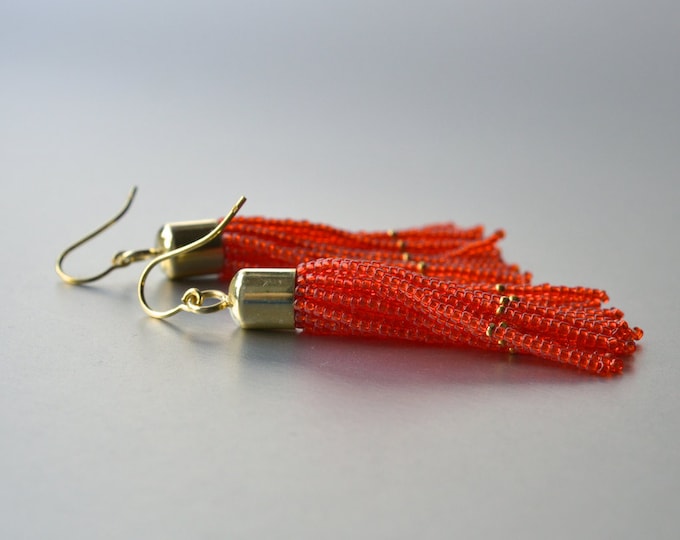 Tassel earrings beaded gold filled orange glass beads