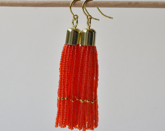 Tassel earrings beaded gold filled orange glass beads