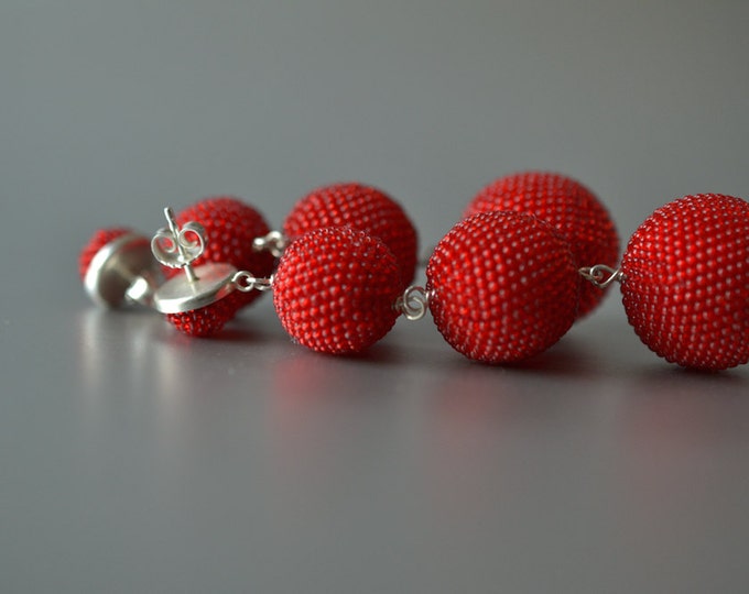 OOAK big  Statement dangle earrings  red with silver posts bead crochet