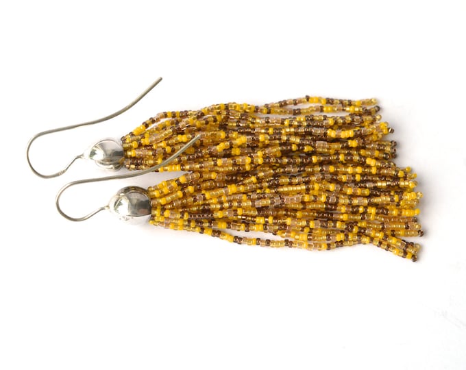 Tassel earrings glass beads long fringe dangle earrings mixed yellow