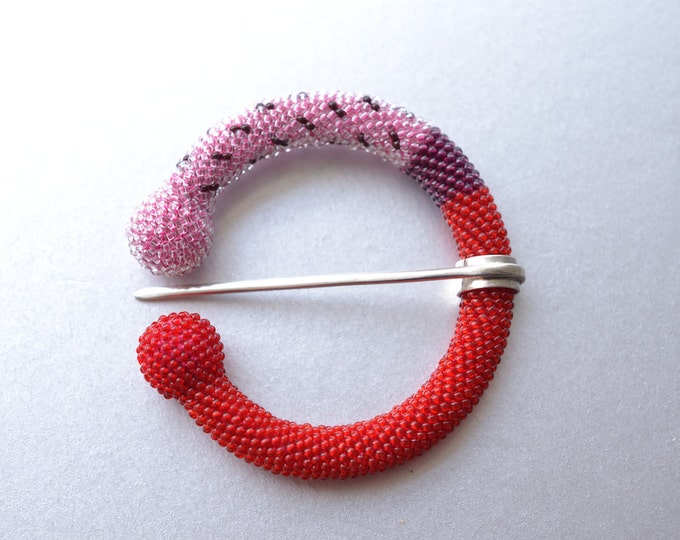 Cardigan penannular scarf pin  beaded brooch red pink