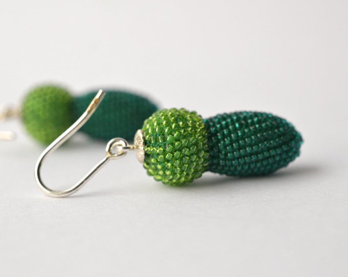 earrings green glass beads and silver two tones