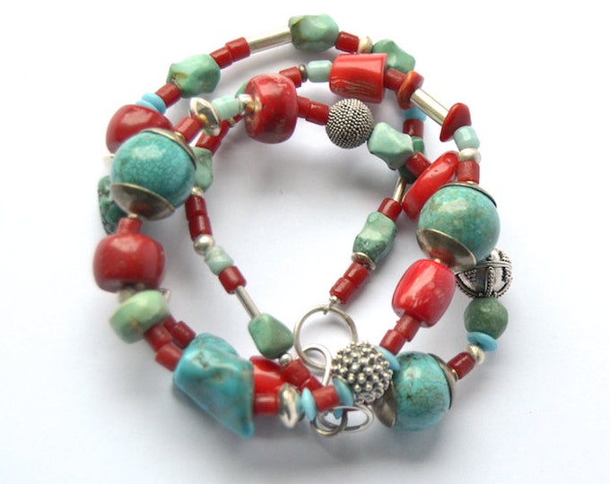 One of a kind necklace , handmade of gemstones, glass and silver.
