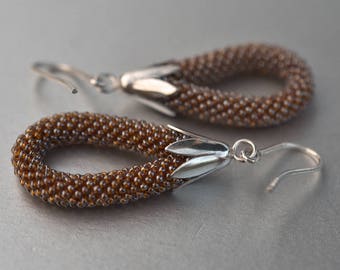 Dangle earrings  silver, toffee glass beads