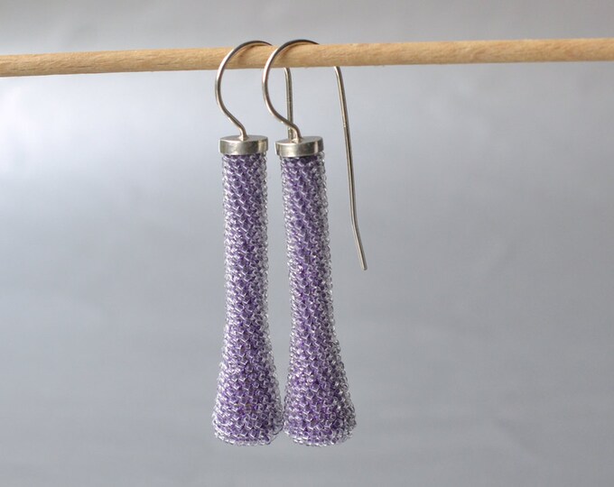 beaded  earrings lavender blue silver hooks dangle earrings long