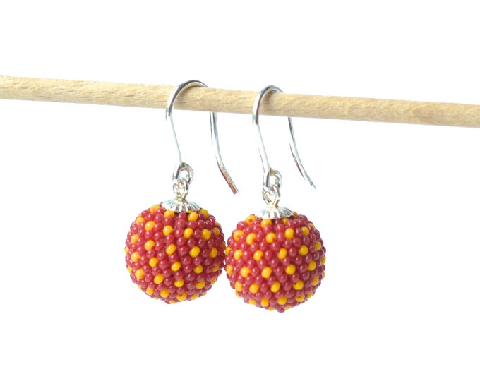 globe earrings red- orange silver hooks