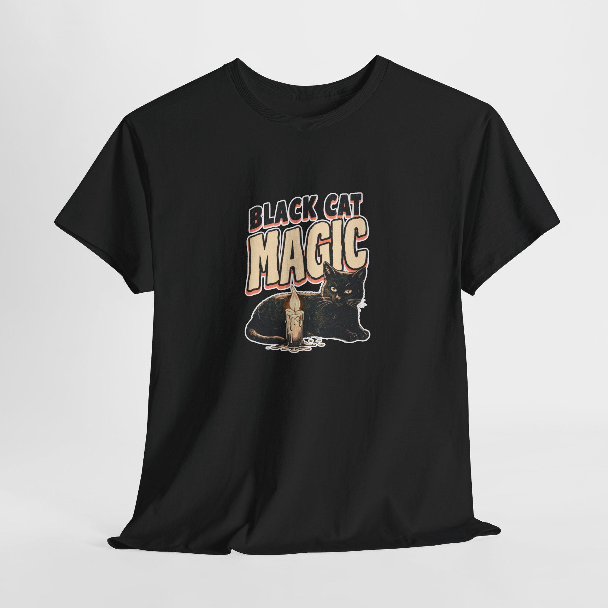 Black Cat Magic White Outline: Unisex Heavy Cotton Tee
