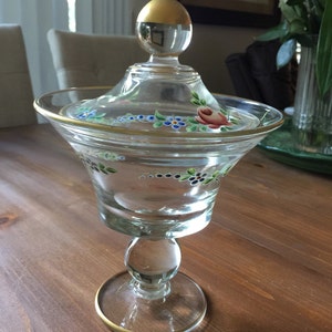 Hand painted glass candy dish with lid - gold trim