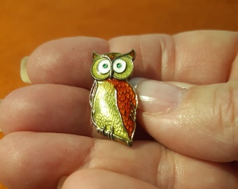 Vintage Signed OPRO Figural Owl Brooch Pin Sterling Silver Guilloche Enamel Norway