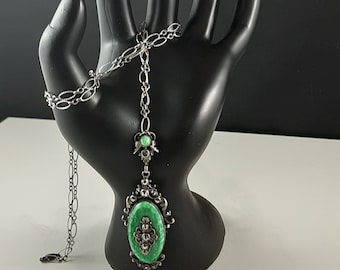 Vintage Art Deco Pekin Glas Anhänger Halskette: Sterling Silber Kette