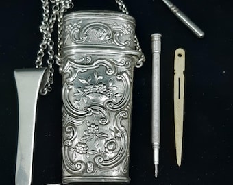 Victorian Silver Chatelaine Etui: Antique Needlework Kit with Vintage Sewing Tools