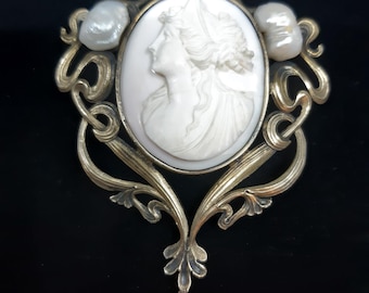 Antike Jugendstil Handgeschnitzte Muschel Kamee Brosche: Brautjungfer Porträt Nach links Blickend Schmuck