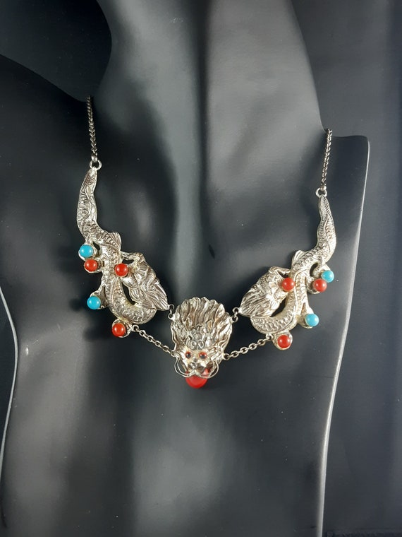 Vintage Chinese Necklace and Earrings Set, Art Dec