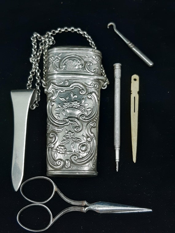 Victorian Silver Chatelaine Etui: Antique Needlework Kit with Vintage Sewing Tools