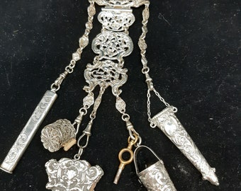 Antique Victorian Chatelaine with Attachments Sterling Silver, Antique sewing accessories,Silver Chatelaine,Victorian Silver Chatelaine