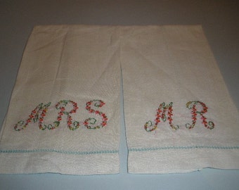 Vintage Hand Embroidered Pair Of Guest Towels Mr. and Mrs.