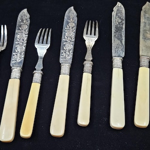 Peut inclure: Un ensemble de neuf couverts comprenant des lames et des dents en métal argenté avec des manches blanc cassé. La collection inclut des couteaux aux lames lisses ou gravées de motifs floraux, ainsi que des fourchettes, avec des viroles décorées.
