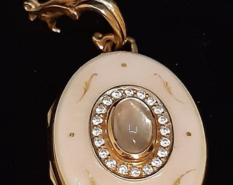 Vintage Fabergé Victor Mayer 18k Gold Locket: Moonstone & Diamond Pendant Necklace Germany