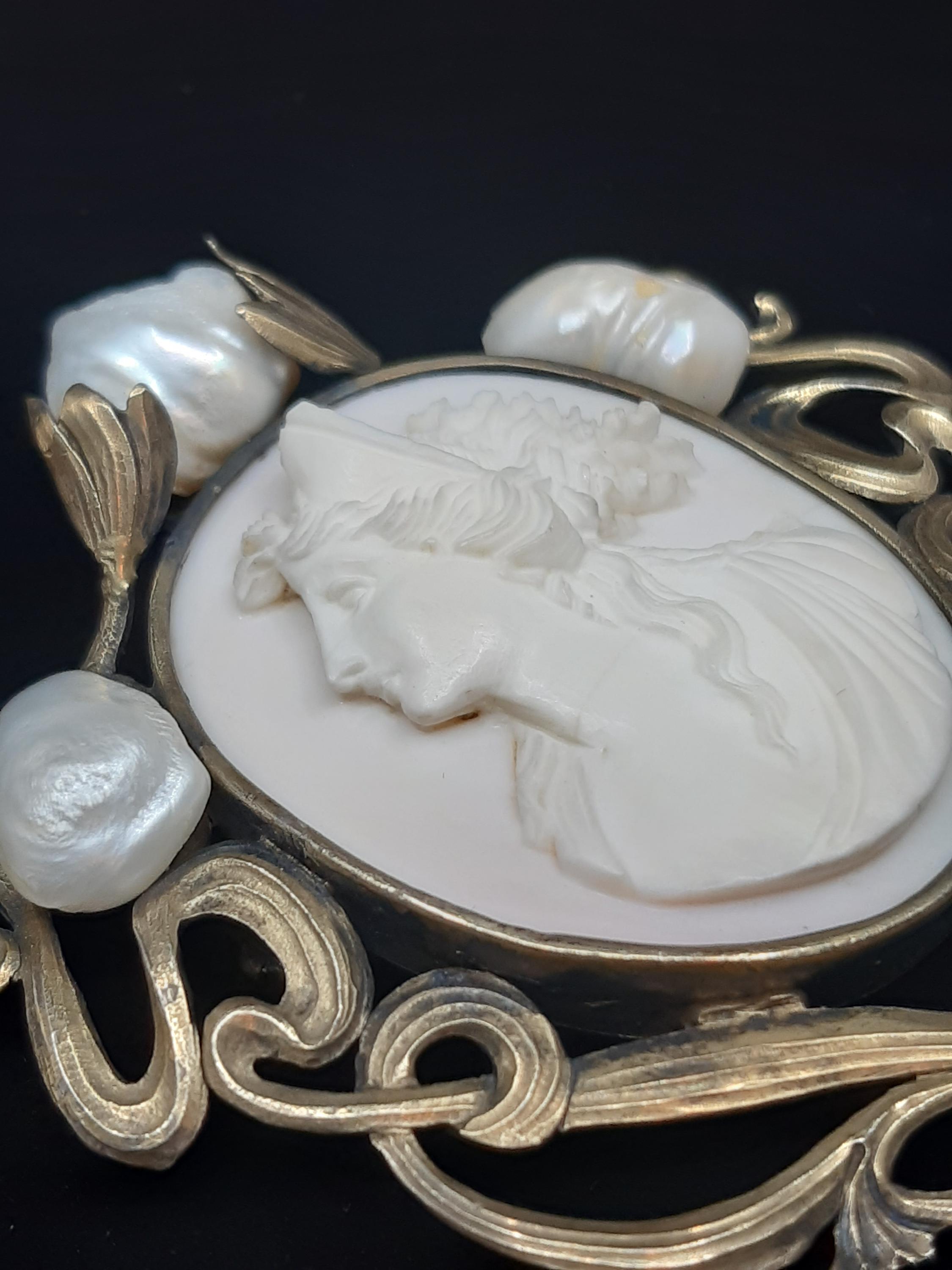 Antique Art Nouveau Hand-carved Shell Cameo Brooch: Maiden Portrait ...