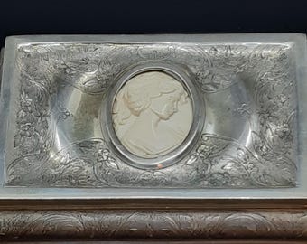 Edwardian Sterling Silver Jewelry Box: Carved Bone Cameo, Antique Storage