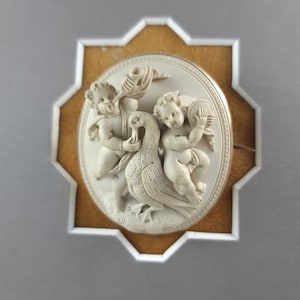 Rare Victorian 18k Gold Lava Stone Cameo Brooch: Hand-Carved Italian Heirloom Jewelry with Cherubs