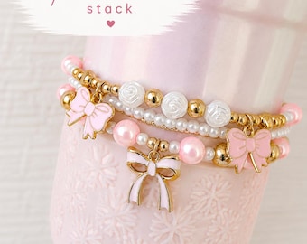 Pink & Gold Stanley Tumbler Boot Bracelet Stack with Bow Charms | 4-Pack Tumbler Accessories | LoveShackFancy