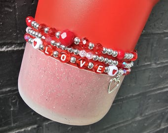 Red & Silver "Love"  Stanley Tumbler Boot Bracelet 3-Pack with Heart Charm | Target Rouge Heart