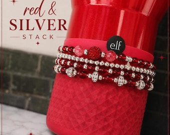 Red & Silver Sparkle Stanley Tumbler Boot Bracelet 4 Pack Stack | Red Delicious | Heritage Red Shimmer