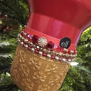 Red & Gold Sparkle Stanley Tumbler Boot Bracelet 3-Pack Stack | Scarlet Tinsel | Tumbler Accessories