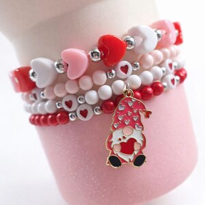 Valentine Pink, Red & White Hearts Stanley 4-Pack Bracelet Stack with Gnome Charm | Tumbler Accessories | Boot not Included