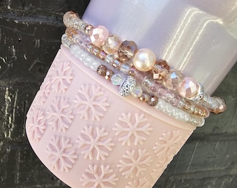 Light Pink, Cream & White Bling Stanley Tumbler Boot Bracelet Stack 3-Pack Tumbler Accessories | Gilded Sugar | Rose Quartz | Rose Gold