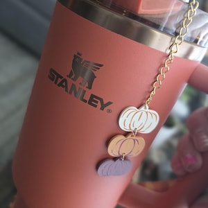 May include: A Stanley brand insulated tumbler in a muted coral color, featuring a gold-colored rim and handle. A gold chain is attached to the tumbler, holding three pumpkin charms in white, orange, and purple. The Stanley logo is visible.